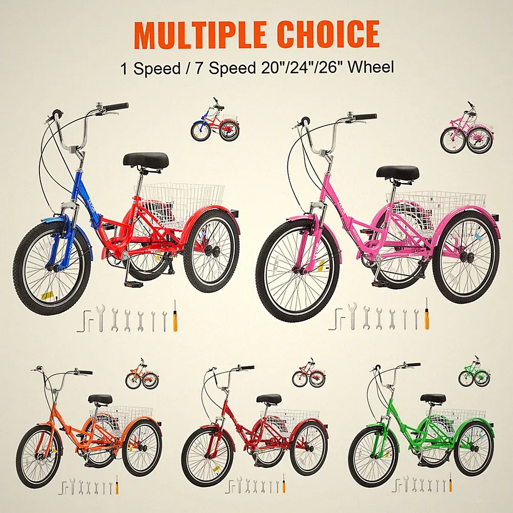 26"/24"/20" Foldable Adult Tricycle 7 Speed Adult Trike 3-Wheel w/ Basket