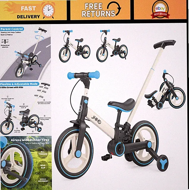 6-in-1 Toddler Bike with Push Handle, 12" Foldable Balance Bike, Training Wheels