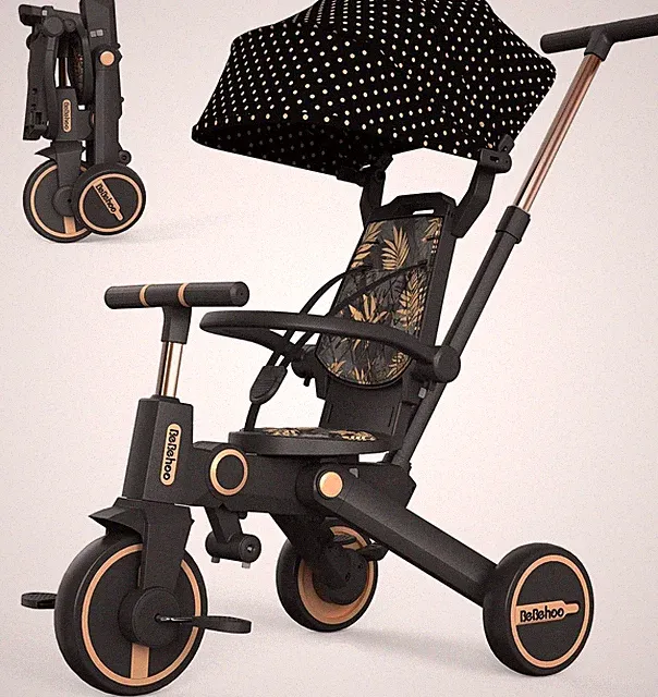7-in-1 Foldable Tricycle Stroller for Toddlers 1-5 Years - Gold