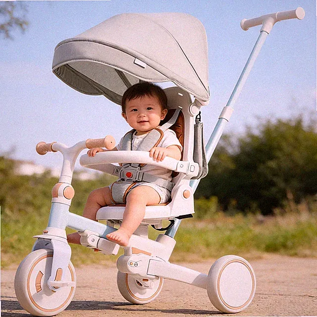 Blue 7 in 1 Foldable Baby Tricycle Removable Handle Pedal Canopy 12-72M