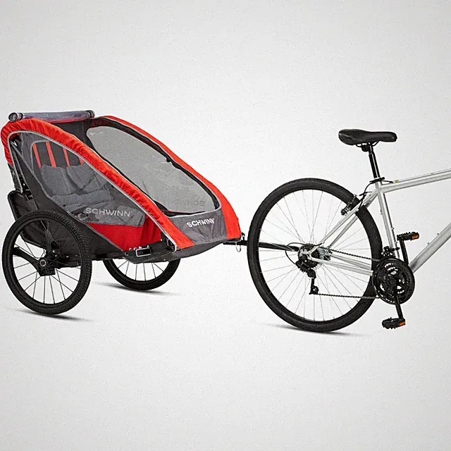 Schwinn Summit Deluxe 2-Seat Bike Trailer w/ Stroller Kit, 20" Tires – Red/Gray
